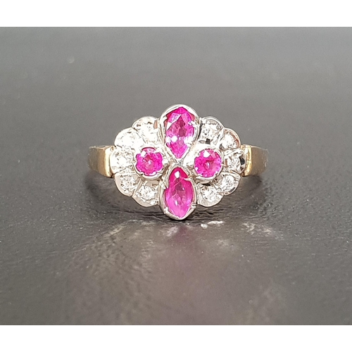 17 - RUBY AND DIAMOND CLUSTER RING
four round and oval cut central rubies flanked by five diamonds to eac... 