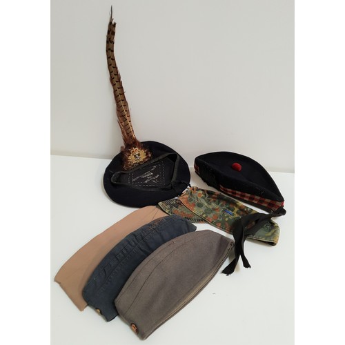 315 - SIX MILITARY HATS
including a Royal Navy beret with officers badge and pheasant feathers, German cam... 