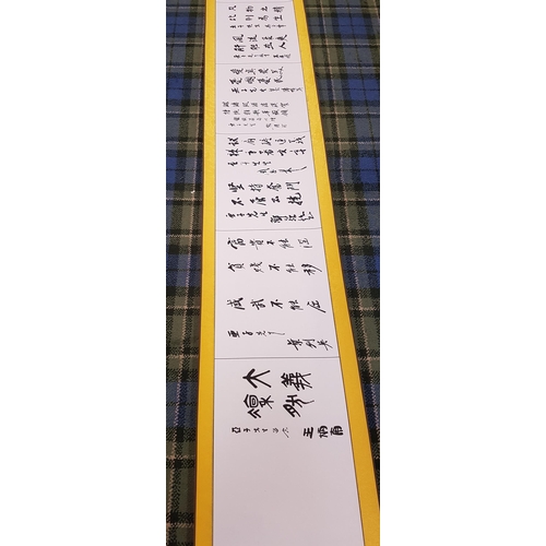 219 - VERY LARGE CHINESE SCROLL
with yellow silk border and backing, the scroll decorated with Chinese pro... 