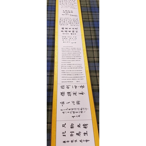 219 - VERY LARGE CHINESE SCROLL
with yellow silk border and backing, the scroll decorated with Chinese pro... 