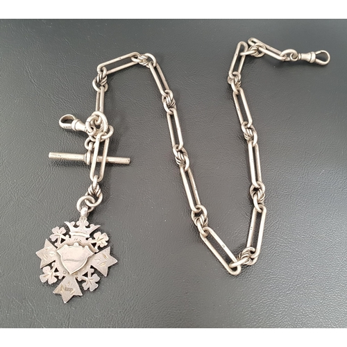 115 - SILVER ALBERT CHAIN
with elongated links, T-bar and medal fob with gold detail, total weight approxi... 