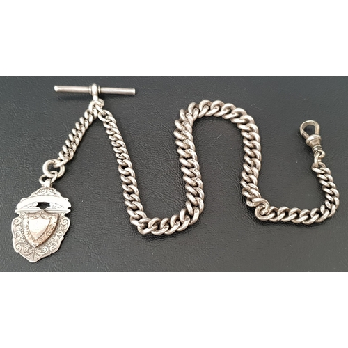 117 - GRADUATED SILVER ALBERT CHAIN
with T-bar and medal fob with gold detail, total weight approximately ... 