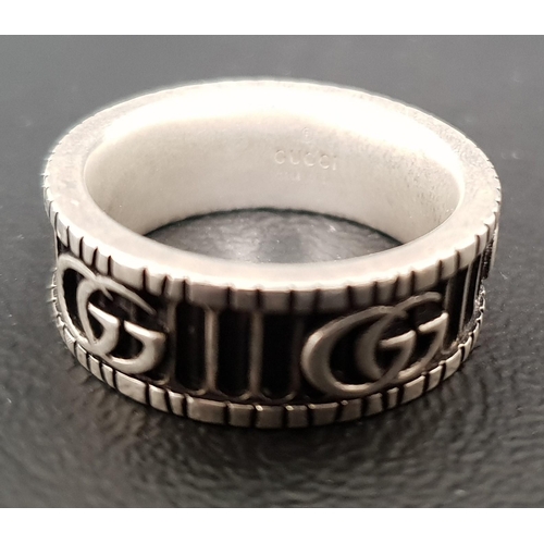 23 - GUCCI GG MARMONT SILVER RING
the relief decorated GG and linear decoration, ring size Q