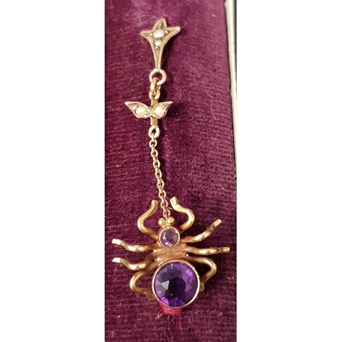 89 - AMETHYST SET SPIDER DROP PENDANT
the spider in nine carat gold suspended from chain section with see... 