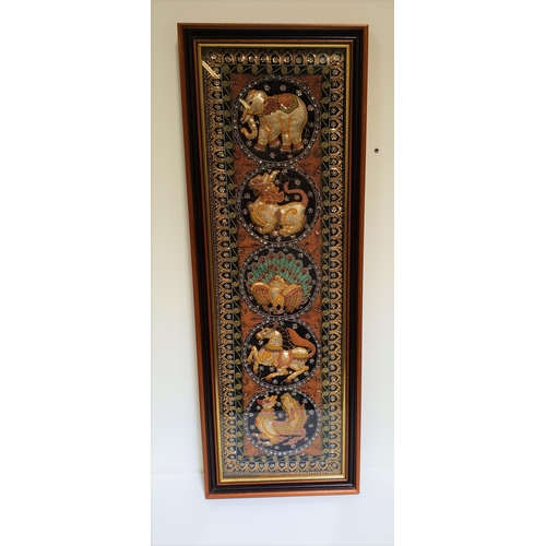 213 - BALINESE EMBROIDERED PANEL
depicting an elephant, dragon, bird, horse and mythical beast, framed and... 