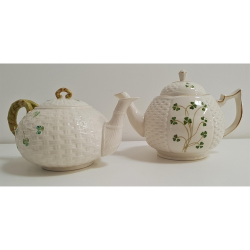 158 - BELLEEEK TEAPOT
with typical shamrock and basket weave design; together with a similar teapot by Don... 