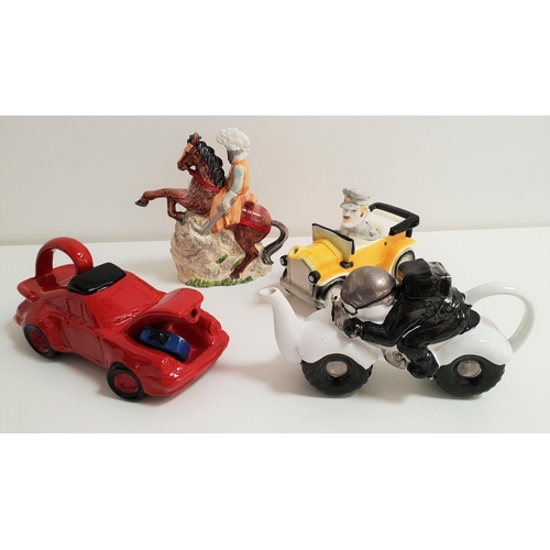 164 - FOUR NOVELTY TEAPOTS
depicting a Porche, a vintage car, a motorcycle and Knight of the Realm on hors... 