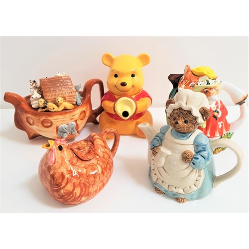 166 - FIVE NOVELTY TEAPOTS
comprising Winnie the Pooh, Noah's Ark, Mrs. Tiggy-Winkle, a Crown Dorset 'Inno... 