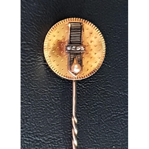 19 - DIAMOND AND SEED PEARL SET EIGHTEEN CARAT GOLD STICK PIN
the circular finial with central scroll set... 