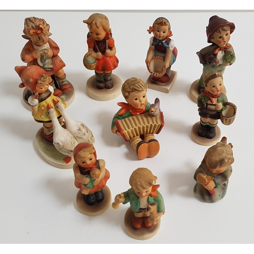 150 - TEN GOEBEL PORCELAIN FIGURINES
depicting a boy with an accordion, 8cm high, girl holding a doll, 8.5... 