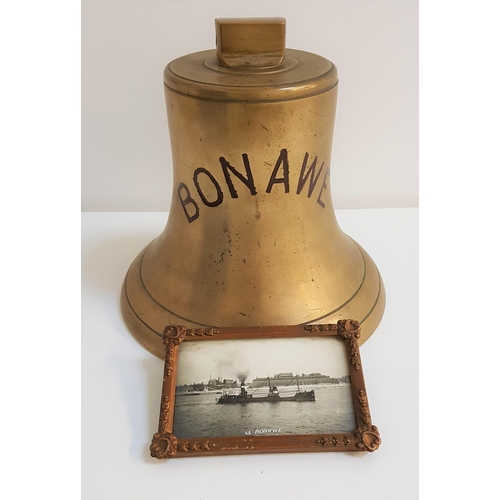 225 - VINTAGE BRASS SHIPS BELL
named to the 'Bonawe', 22cm high, lacking the clapper, together with a blac... 