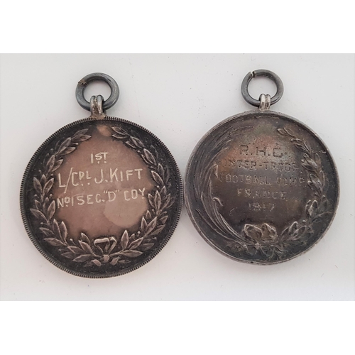 291 - TWO WWI ROYAL HORSE GUARD SILVER FOOTBALL MEDALS
one marked 'R.H.G Inter-Troop Football Comp. France... 