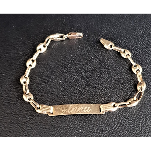 18 - CHILD'S FOURTEEN CARAT GOLD IDENTITY BRACELET
the central panel engraved 'Anna', 15cm long and appro... 