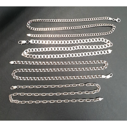 69 - FOUR SILVER NECKCHAINS
two curb link chains and two fancy link, total weight approximately 120 grams