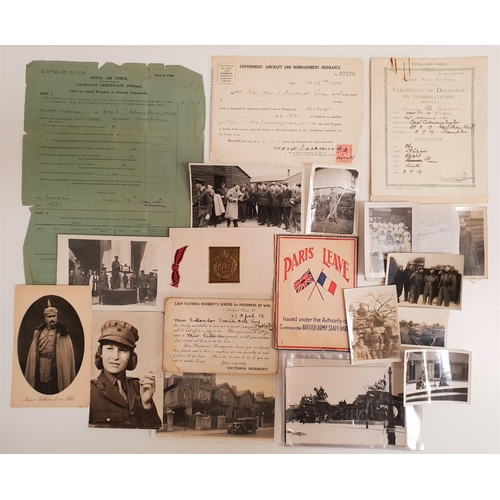 299 - SELECTION OF WWI AND WWII MEMORABILIA
including Women's Royal Air Force Certificate of Discharge for... 