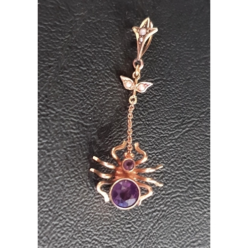 89 - AMETHYST SET SPIDER DROP PENDANT
the spider in nine carat gold suspended from chain section with see... 