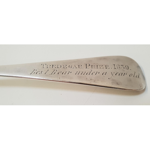 126 - WILLIAM IV SILVER BASTING SPOON
the terminal engraved 'Tredegar Prize. 1839. Best Boar Under A Year ... 