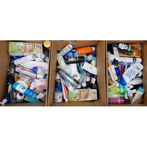 62 - THREE BOXES OF NEW AND USED TOILETRY ITEMS
including: Lynx, Dove, Palmers, Paco Rabanne, Ted Baker, ... 