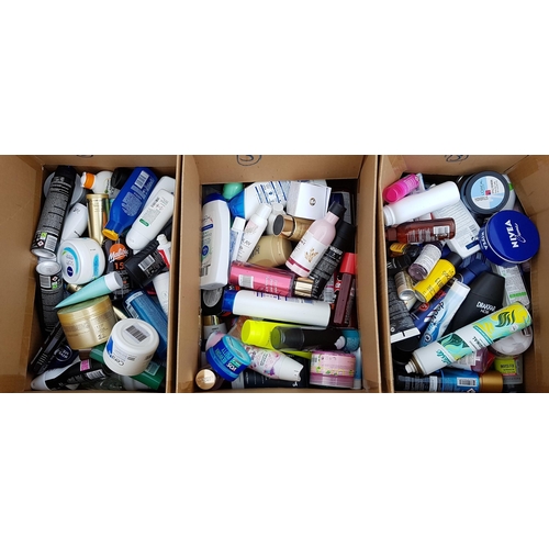 64 - THREE BOXES OF NEW AND USED TOILETRY ITEMS
including: Nivea, Original Source, Sure, Pantene, Head & ... 