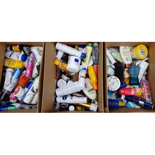 65 - THREE BOXES OF NEW AND USED TOILETRY ITEMS
including: The Body Shop, Simple, Nivea, Aveeno, Dove, Ly... 