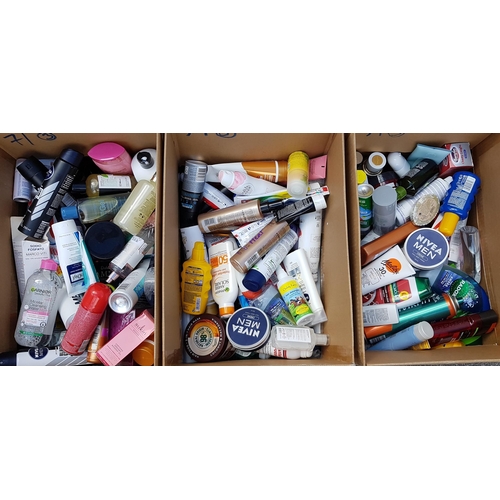 71 - THREE BOXES OF NEW AND USED TOILETRY ITEMS
including: Nivea, Lynx, Soft & Gentle, Paco Rabanne, Mala... 