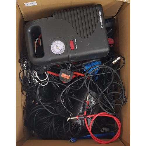 99 - ONE BOX OF GENERAL ELECTRICAL ITEMS
including: Cables, Microphones, Air Compressor, Drill etc