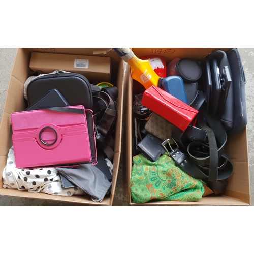 118 - TWO BOXES OF MISCELLANEOUS ITEMS
including: Darts, Belts, Fabric, Purses & Wallets, Glasses, Sunglas... 