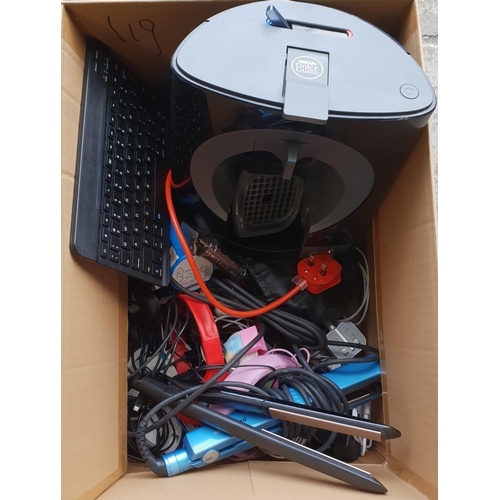 119 - ONE BOX OF GENERAL ELECTRICAL ITEMS, CABLES & CHARGERS AND HEADPHONES
including: Coffee Machine, Key... 