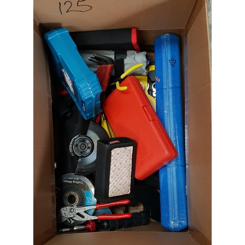 125 - ONE BOX OF TOOLS
including: Power and hand tools, Angle Grinder, Discs, Spanner Sets, Socket Sets et... 