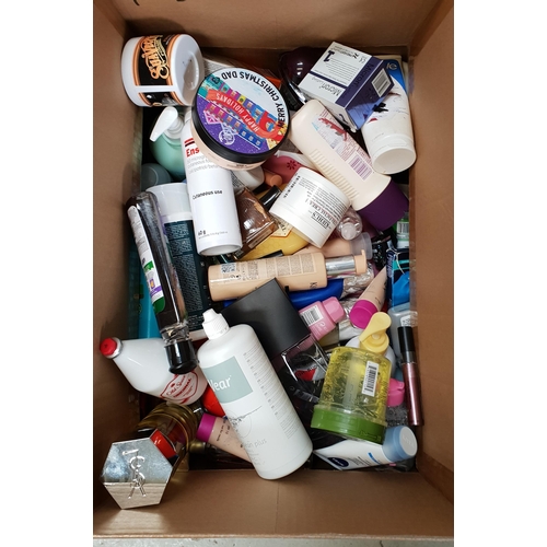 126 - ONE BOX OF NEW AND USED TOILETRY ITEMS
including: YSL, Issey Miyake, Garnier, Nivea, Aussie, Lush et... 