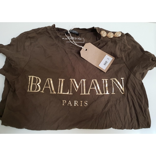 243 - BALMAIN PARIS T-SHIRT
in green with gilt button detail, size 2XS