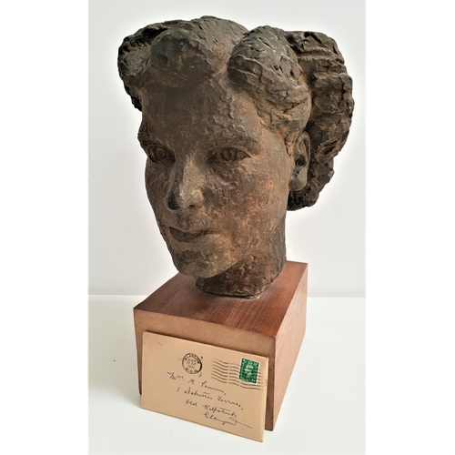 276 - A.R.CAMERON
plaster study of a ladies head with a bronze effect finish, raised on an oak plinth, 43c... 