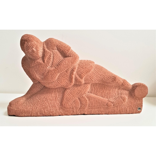 277 - A.R.CAMERON
chip carved red sandstone figure of a footballer sliding for the ball, monogrammed and d... 