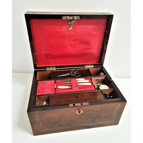 284 - 19th CENTURY ROSEWOOD AND BRASS INLAID WORKBOX
with a fitted interior and lift out tray section abov... 