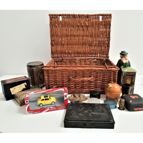 290 - MIXED LOT OF COLLECTABLES
including a wicker picnic basket, specimen wood book holder, West German n... 