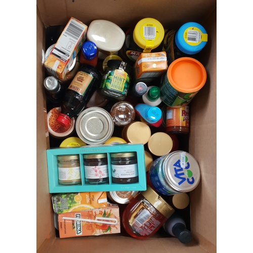 18 - ONE BOX OF CONSUMABLE ITEMS
including: Oil, Peanut Butter, Chocolate Spread, Honey, Pasta Sauce, Mus... 