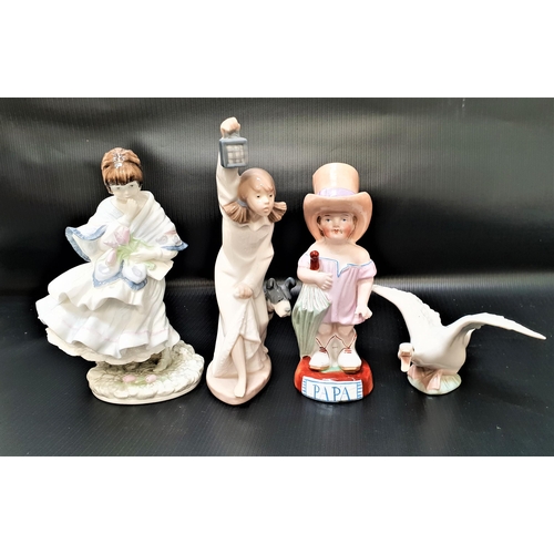 194 - FOUR FIGURINES
comprising a Lladro goose, 16cm long, a Nao young girl in her night dress with her do... 