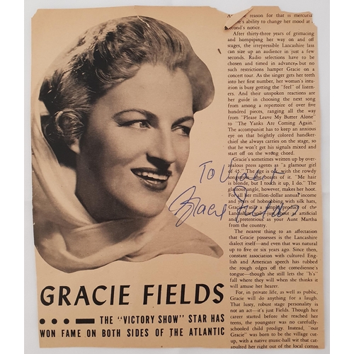 61 - GRACIE FIELDS
signed section of magazine page with image of the actress. with dedication 'To Violet'... 