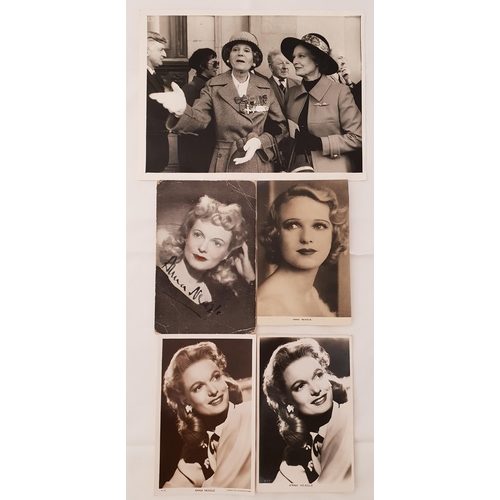 67 - ANNA NEAGLE
signed photograph measuring 14cm x 9cm; together with three postcard photographs of the ... 