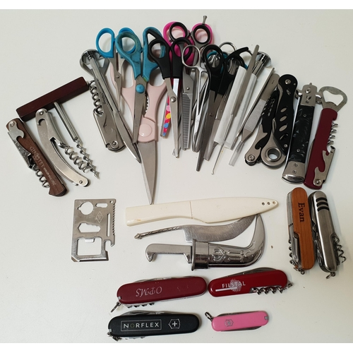 199 - LARGE SELECTION OF SCISSORS, BOTTLE OPENERS, PENKNIVES ETC
including Four Victorinox Swiss Amry Penk... 