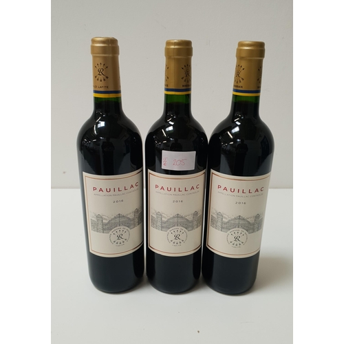 205 - THREE BOTTLES OF PAUILLAC 2016 RED WINE (75CL) 13%
Note: You must be over the age of 18 to bid on th... 