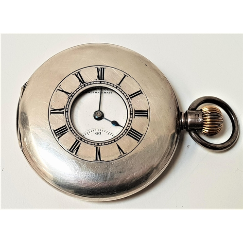 144 - WALTHAM SILVER HALF HUNTER POCKET WATCH
the circular enamel dial with Roman numerals and a subsidiar... 