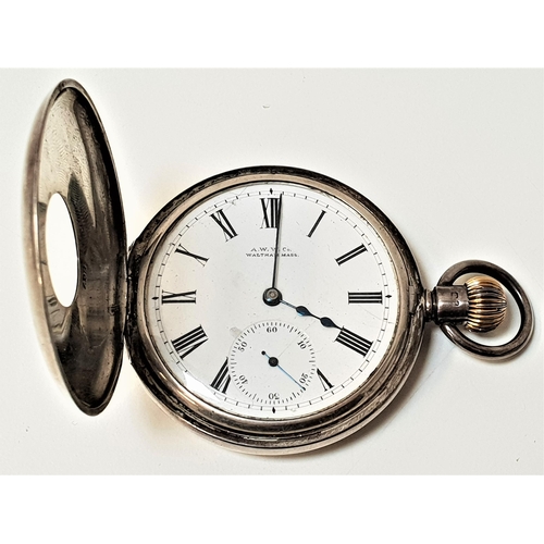 144 - WALTHAM SILVER HALF HUNTER POCKET WATCH
the circular enamel dial with Roman numerals and a subsidiar... 