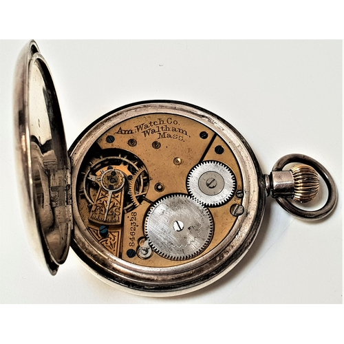 144 - WALTHAM SILVER HALF HUNTER POCKET WATCH
the circular enamel dial with Roman numerals and a subsidiar... 