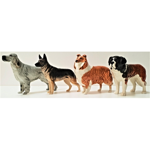 222 - FOUR BESWICK DOGS
comprising a German Shepherd, 14cm high, Rough Coat Collie, 14.5cm high, English S... 