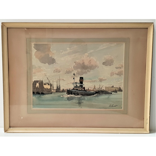 480 - P.V.SMART
Tug boat at work, watercolour and pencil, signed, 25.5cmx 36cm