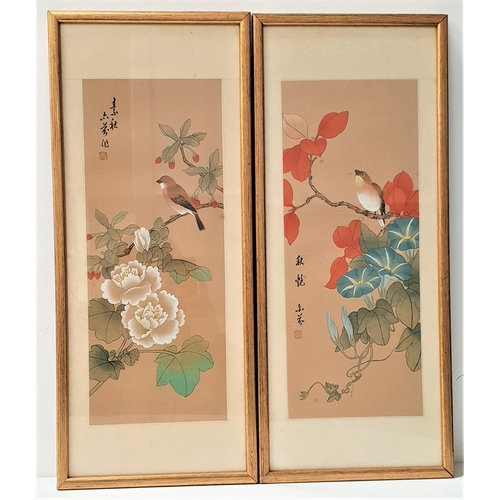 491 - PAIR OF CHINESE WATERCOLOURS
on silk panels depicting birds, 38cm x 15cm (2)