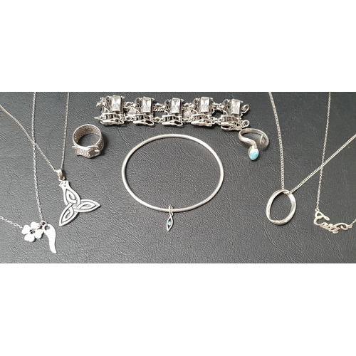 65 - SELECTION OF SILVER JEWELLERY
comprising crystal set bracelets with pierced links, four silver penda... 