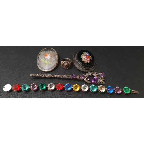 99 - SELECTION OF JEWELLERY
comprising an amethyst set unmarked silver kilt pin, a paste set bracelet in ... 