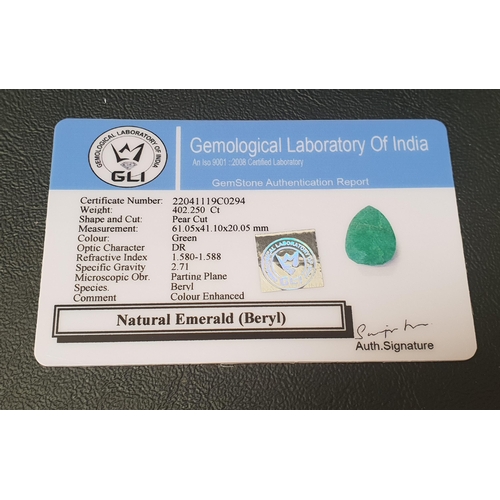 115 - CERTIFIED LOOSE NATURAL EMERALD (BERYL)
the pear cut emerald weighing 402.25cts, with GLI Gemmologic... 